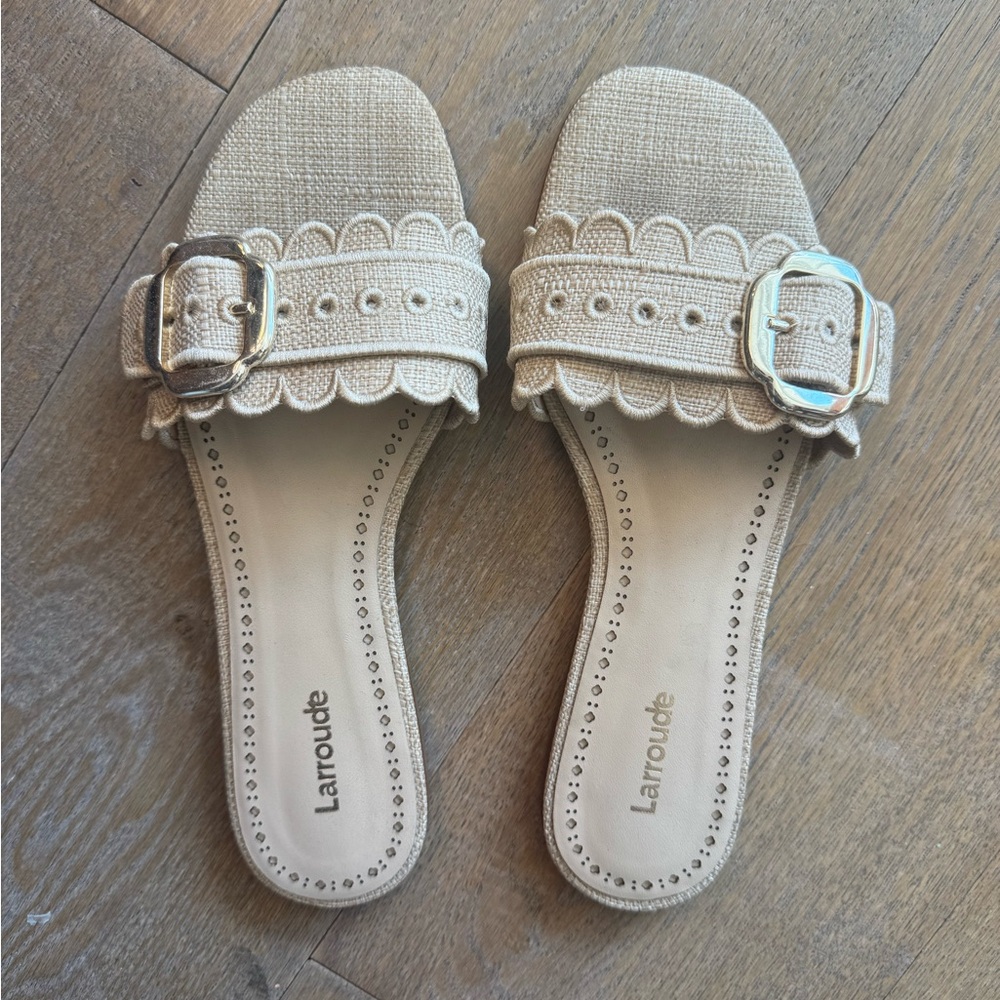 Larroude Tan Scalloped Buckle Sandals